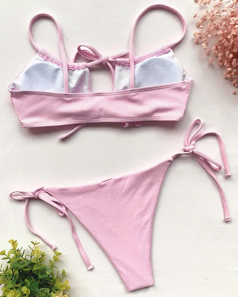 Strappy Lace Up Ribbed Bikini Women Swimwear Female Swimsuit Two-piece Bikini set Hollow Out Bathing Suit Swim