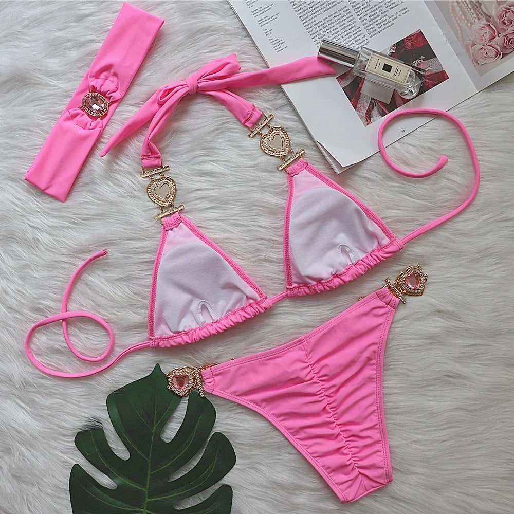 Pink Bikinis Swimsuit With Heart Rhinestones Women Swimwear Female Push Up Bikini Beach Swim Wear Bathing Suits Pool Bather
