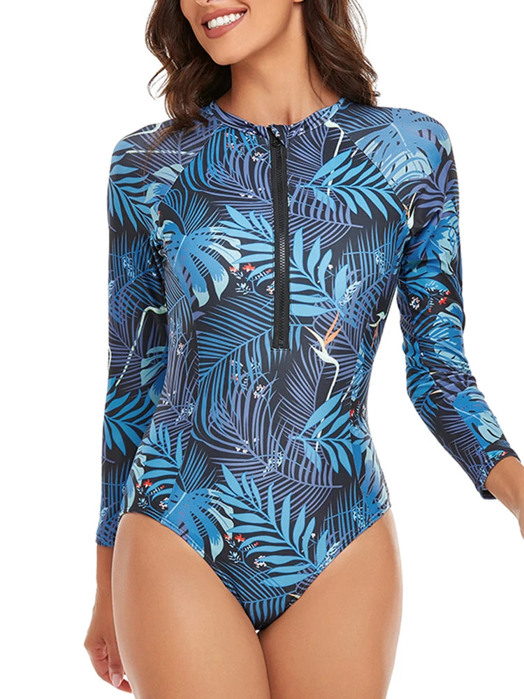 Half Zipper Surfing Swimsuit One Piece Long Sleeve Bathing Suit Women Printed Plus Size Swimwear Women Rashguard Diving XXL