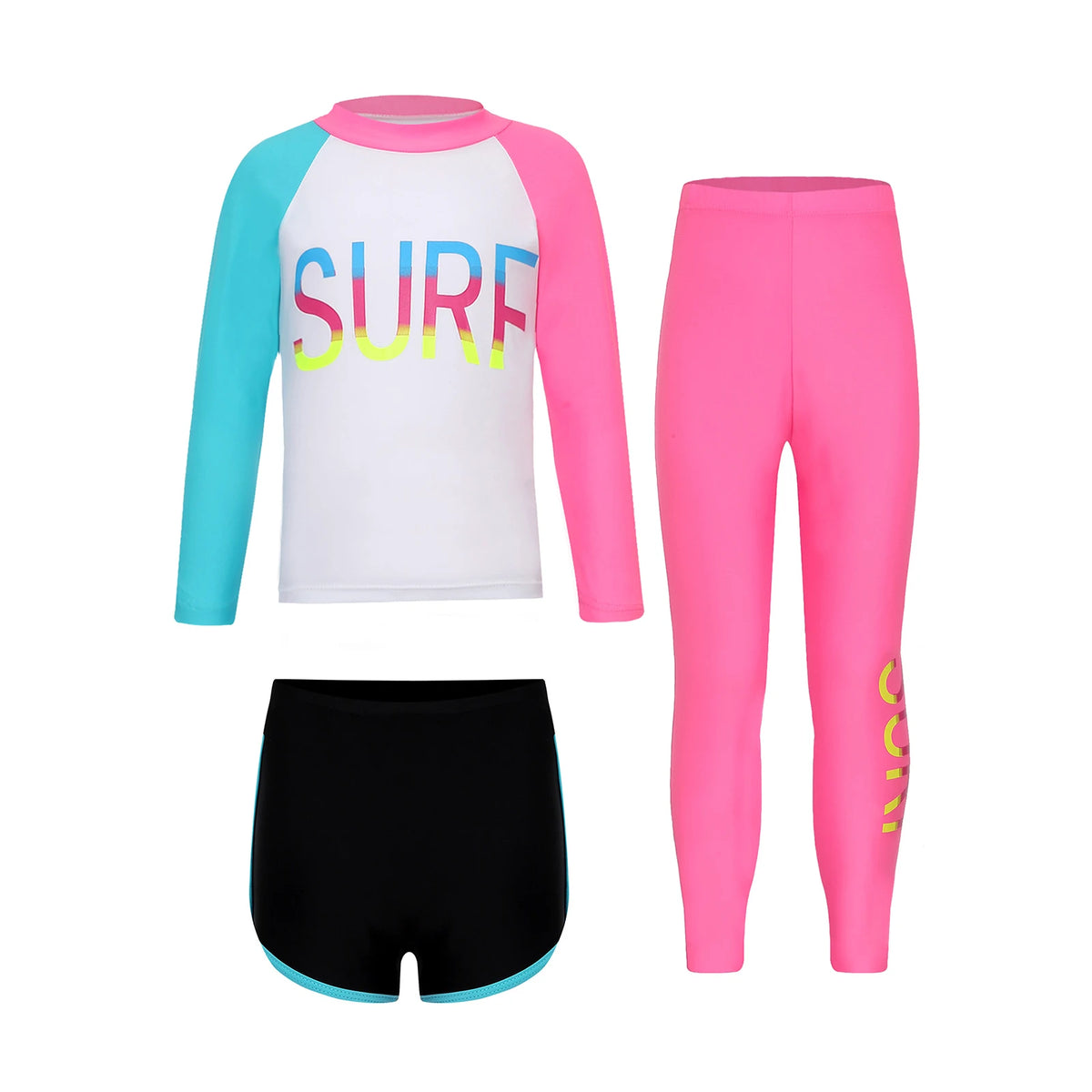 Kids' Three-Piece Long-Sleeve Rash Guard Set with Shorts & Pants