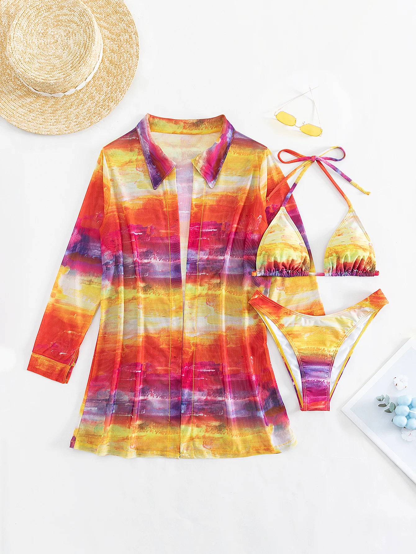 3 Pieces Halter Bikinis Printed Swimsuit Women & Kimono Swimwear Female Bathers Bathing Swimming Swimsuit Beachwear