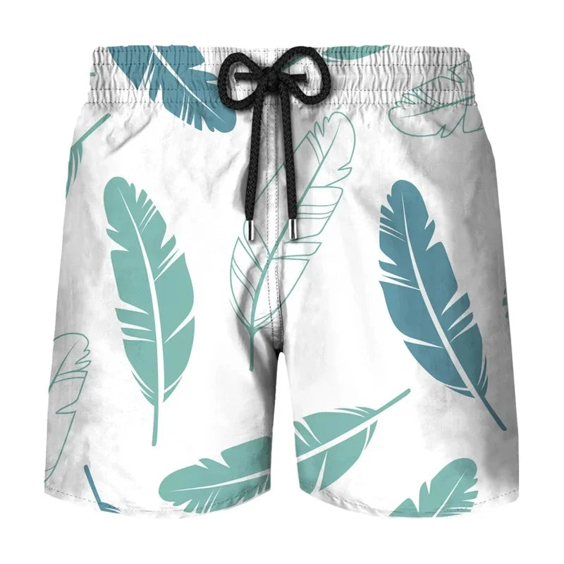 Flower Leaf Graphic Swim Trunks For Men Ethnic Feathers 3D Printed Short Pants Summer Loose Harajuku Sport Street Board Shorts