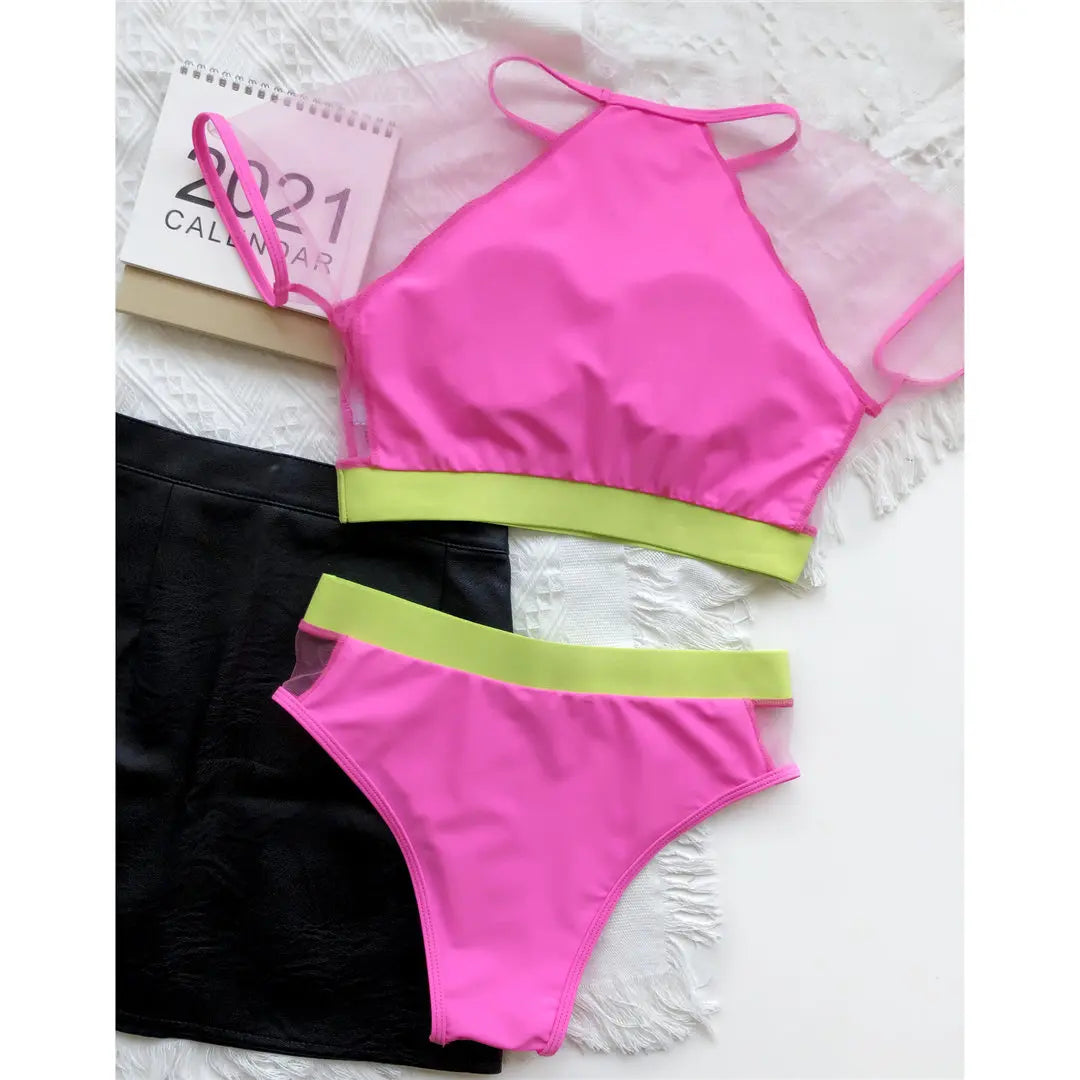 Neon Colours Short Sleeve Mesh High Waist Bikini Women Bikini Sets