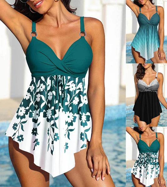 Women's Beachwear Blue Floral Printed Women's Tankini Swimsuit Swimwear Two Piece Bikini Set Beachwear S-6XL