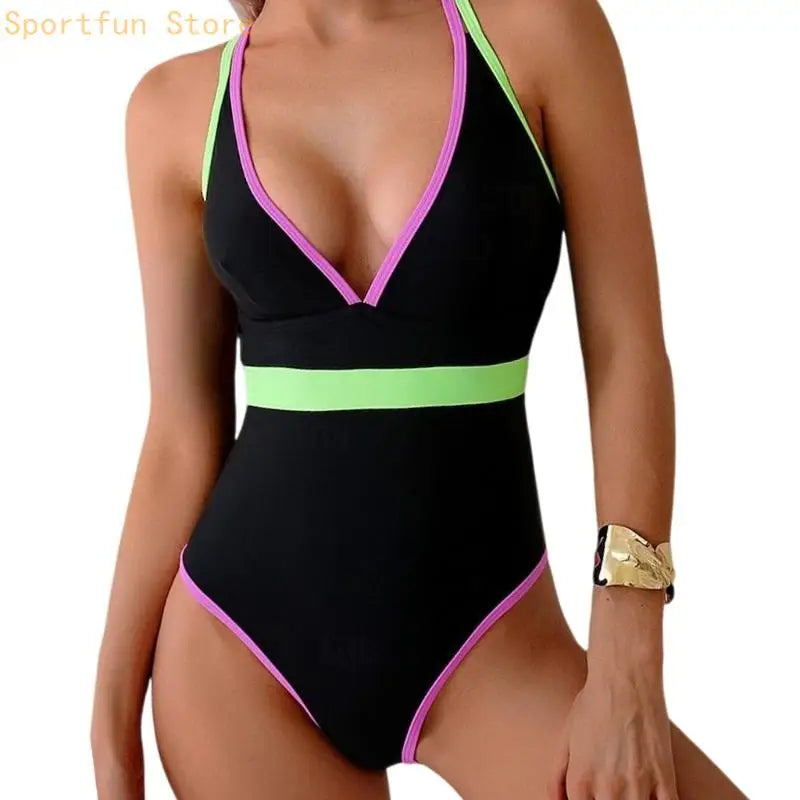 Womens 1 Pc Swimsuit Deep V-Neck Bathing Suit Push Up Swimming Suit Ladies Contrast Color Swimwear for Beachwear