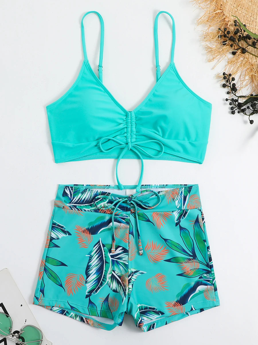 Drawstring Front Shorts Bikinis High Waist Swimsuit Women Swimwear Female Bathers Bathing Swimming Swim Suit Beachwear