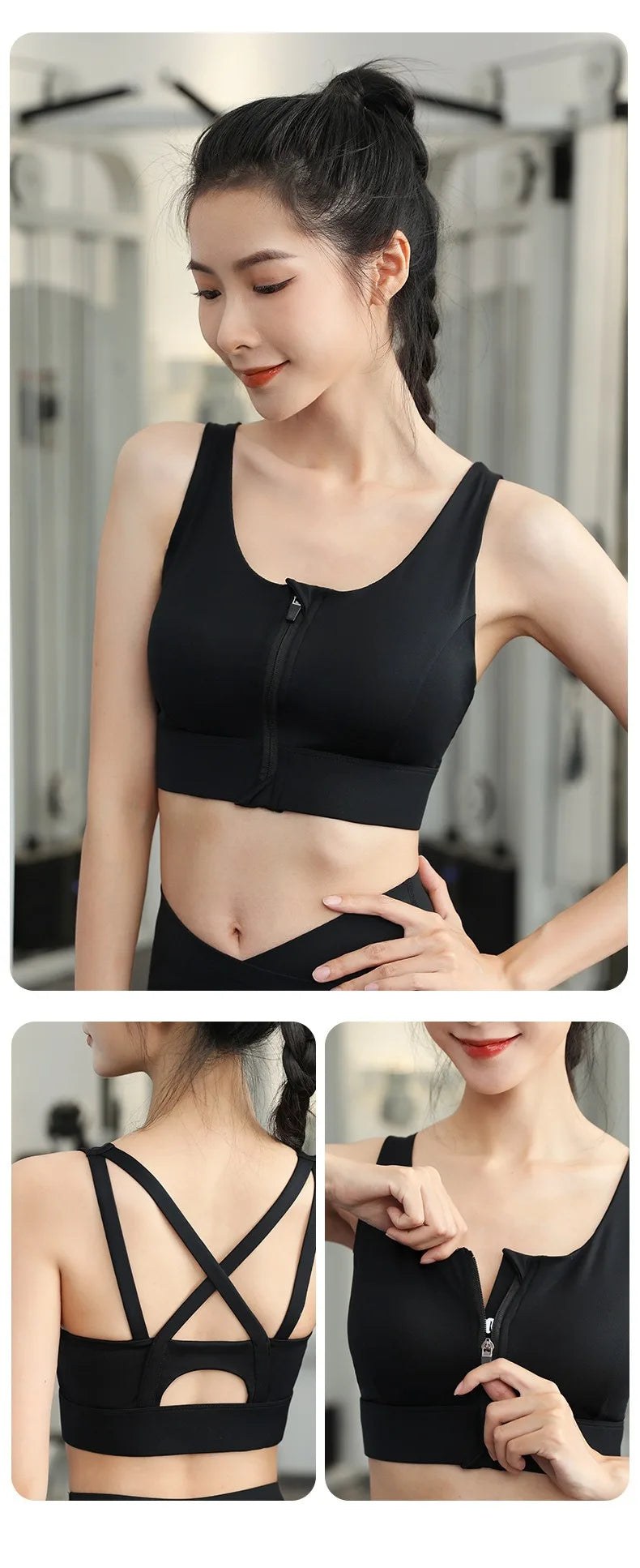 Aiithuug Front Zipper Crisscross Yoga Bra With Built In Cup Women's Strappy Wirefree Sport Gym Pilates Bra High Impact Underwear