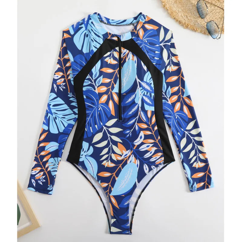 Zipper One Piece Swimsuit Closed Print Long Sleeve Swimwear Sports Surfing Women's Swimming Bathing Suit Beach Bather
