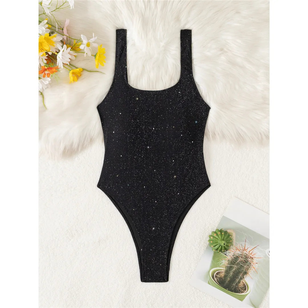Glitter Sparkling Cut Out Backless One Piece Swimsuit Women Swimwear Female High Cut Leg Padded Bather Bathing Suit Swim