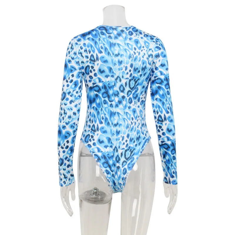Rash Guard Women's Onesie Crew Neck Long Sleeve Personalized Street Blue Leopard Print Top Women's 2025 Autumn And Winter Str