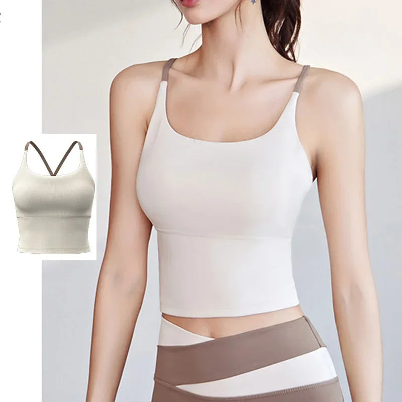 PofyBofy Build-in Bra Yoga Crop Top Sleeve Gym Tank Top Women Workout Bra Tanks Fitness Bra Tanks Yoga Crop Tops Crisscross Back