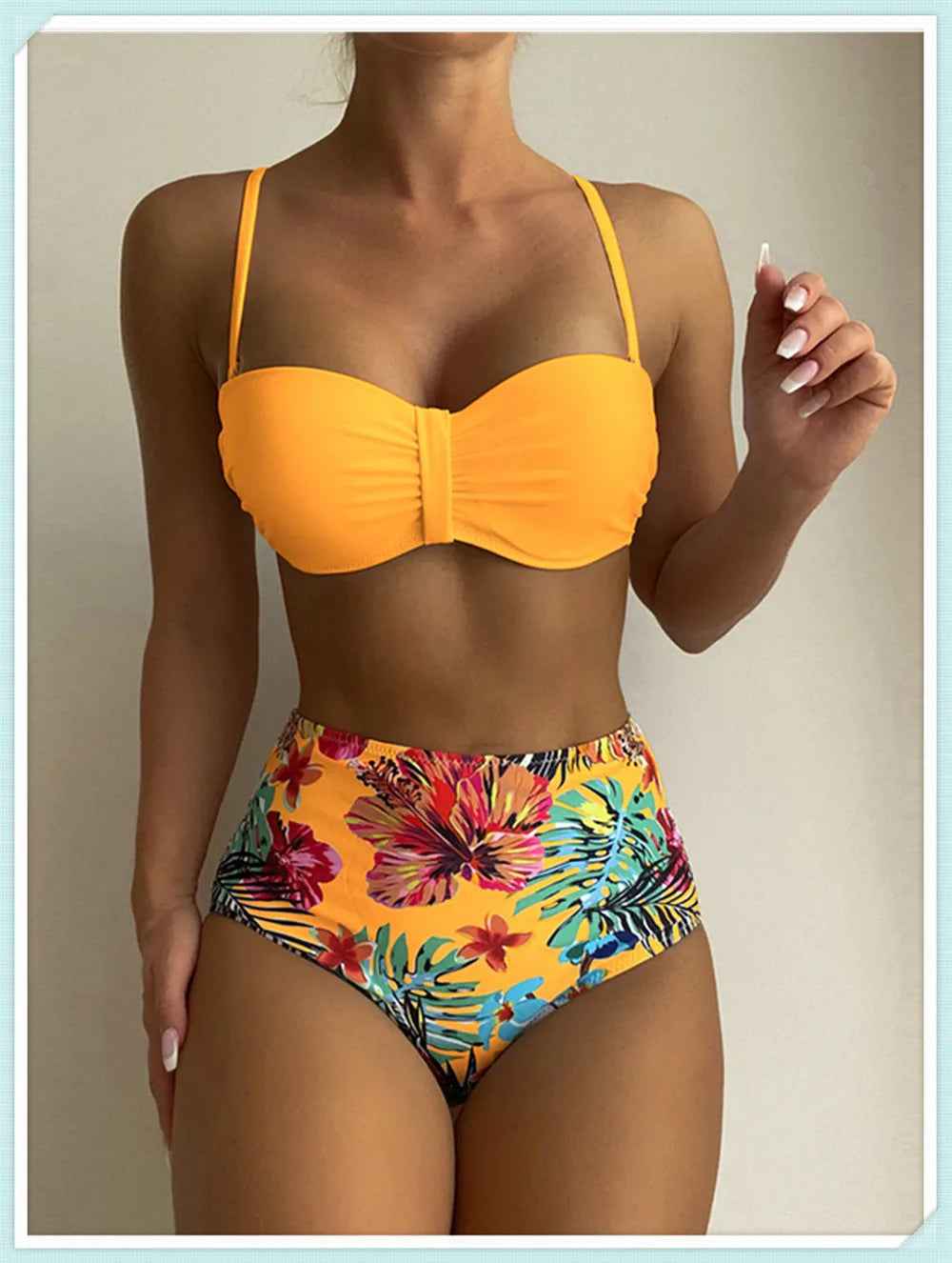 Solid Bandeau Bikini Set Women Tropical Printed Swimwear Female Push Up Swimsuit High Waist Bathing Suit Tie Back Beachwear