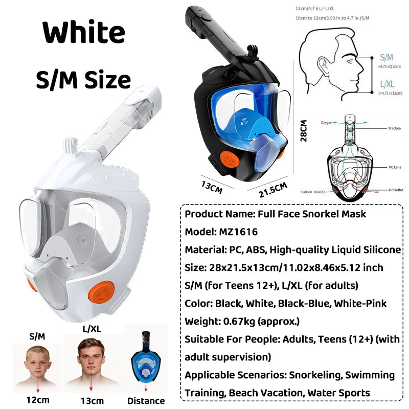 Full Face Snorkel Mask - Dry Snorkel , Anti-Fog , Leak-Proof Panoramic View Swimming Diving Beach Water Sports for Adults Teens
