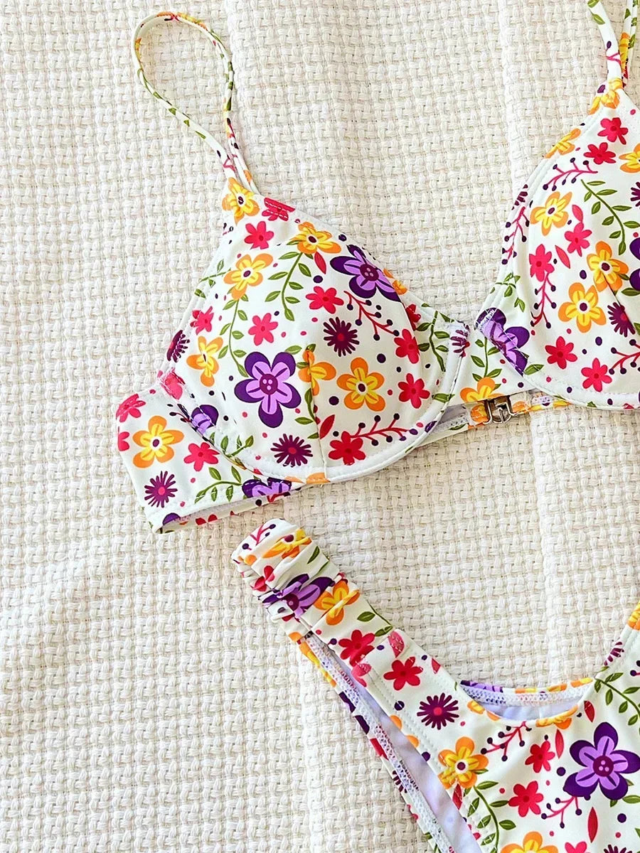 Flowers Printed Underwired High Cut Bikini Female Swimsuit Women Swimwear Two-pieces Bikini Set Push Up Bathing Suit Swim Lady