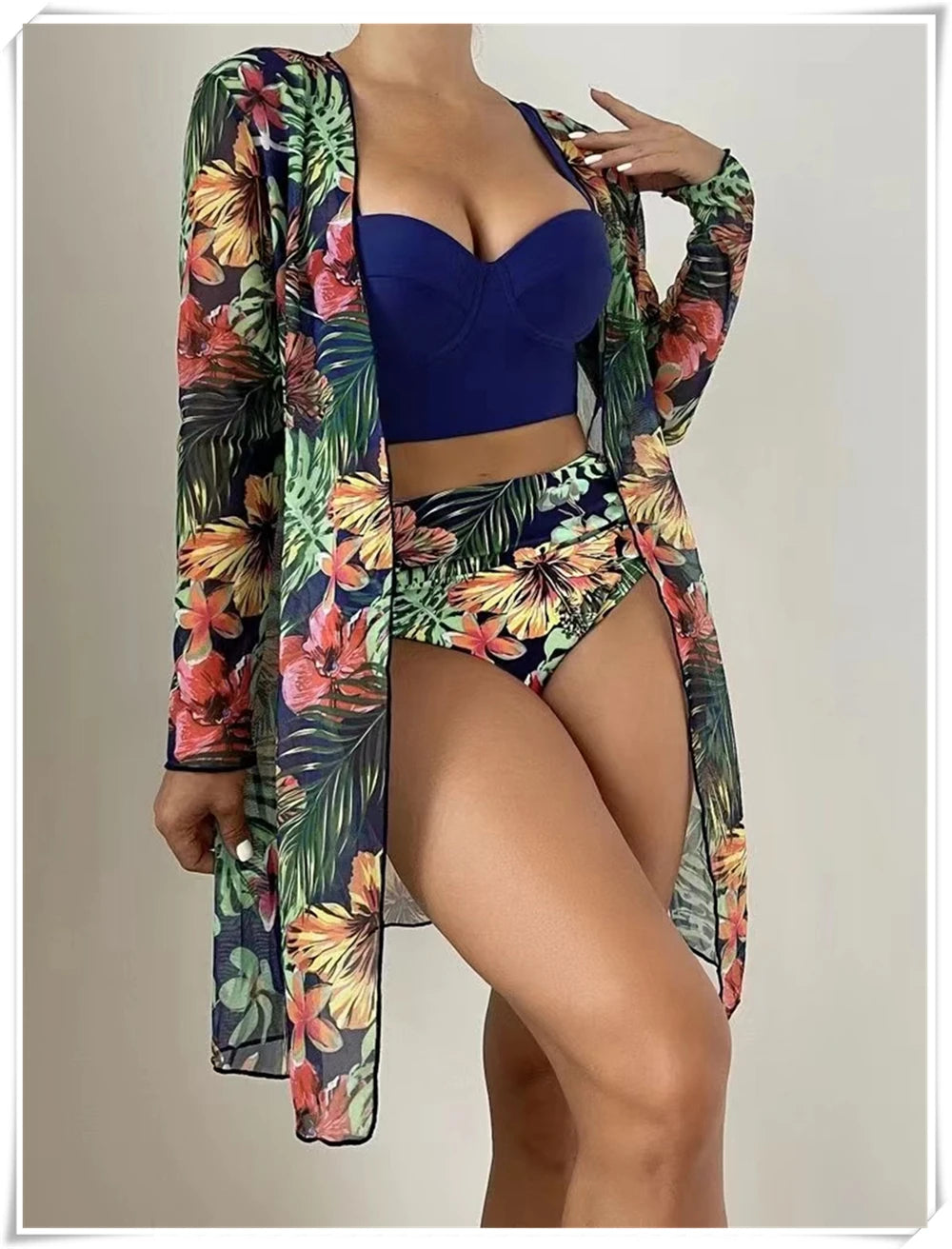 3 Piece Bikini Set Women Cover Up Swimwear Female Tropical Printed Swimsuit Push Up Beachwear Long Sleeve Bathing Suit