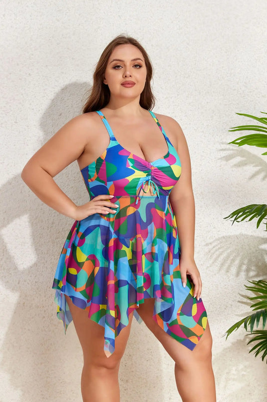 Color Print Strapped 2 Piece Plus Size Tankini Set Women Large High Waist Big Swimsuit Brazilian Lady Curvy Bathing Suit