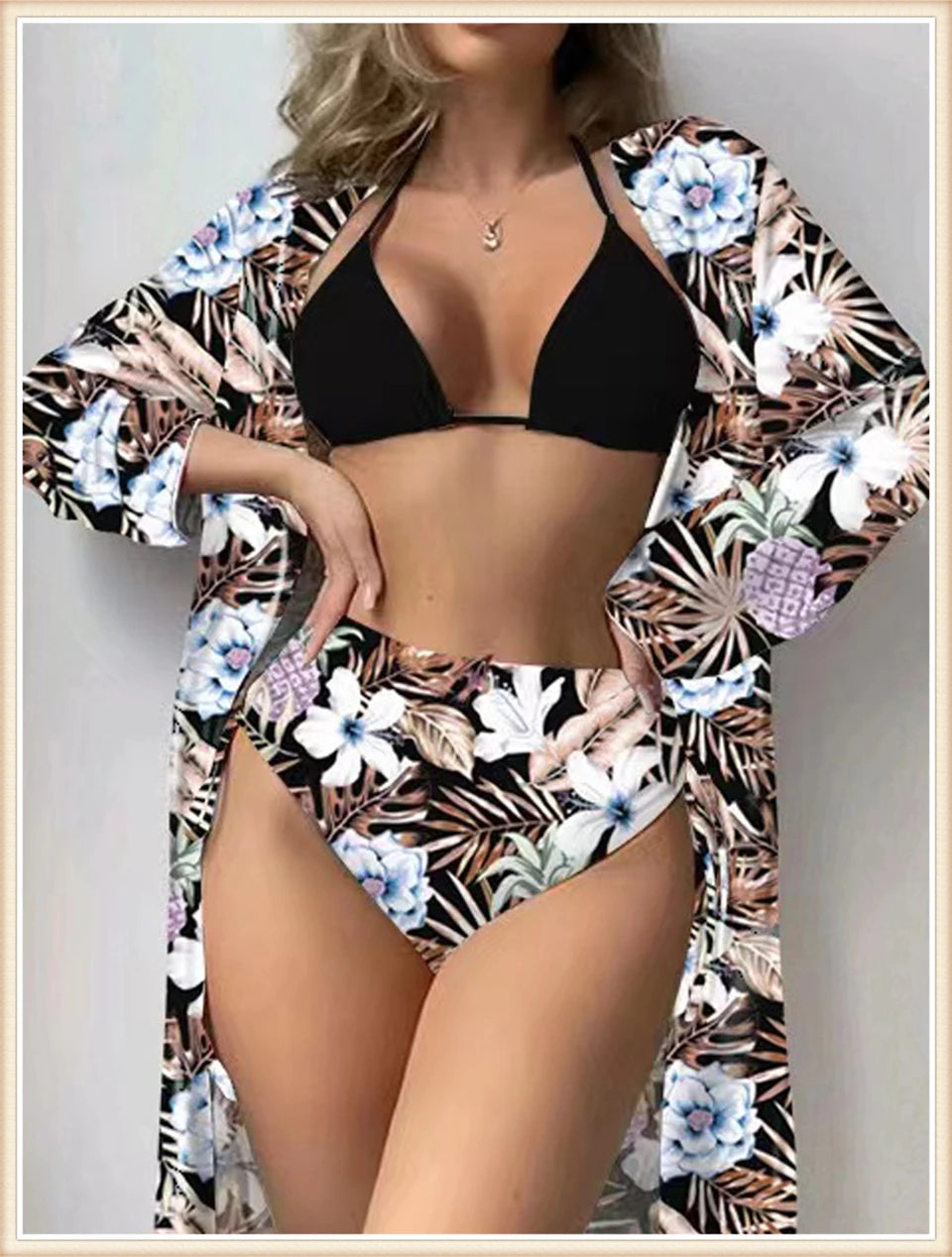 Lace Up Bikinis & Cover Up Long Sleeve Swimwear Women 3-Piece Print Swimsuit Summer Beach Bathing Suit Female Swimming Wear
