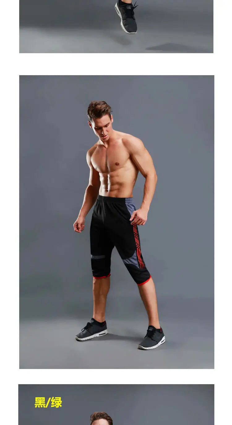 Summer Men Sports Striped Cropped Pants Fitness Running Riding Train Quick Drying Breathable Loose Thin Large Size Shorts