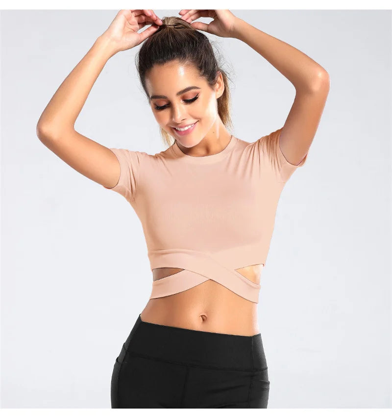 Aiithuug Waist Yoga Short Sleeve Crisscross Waist Breathable Gym Shirts Sports Tops Workout Fitness Crop Top Yoga Top