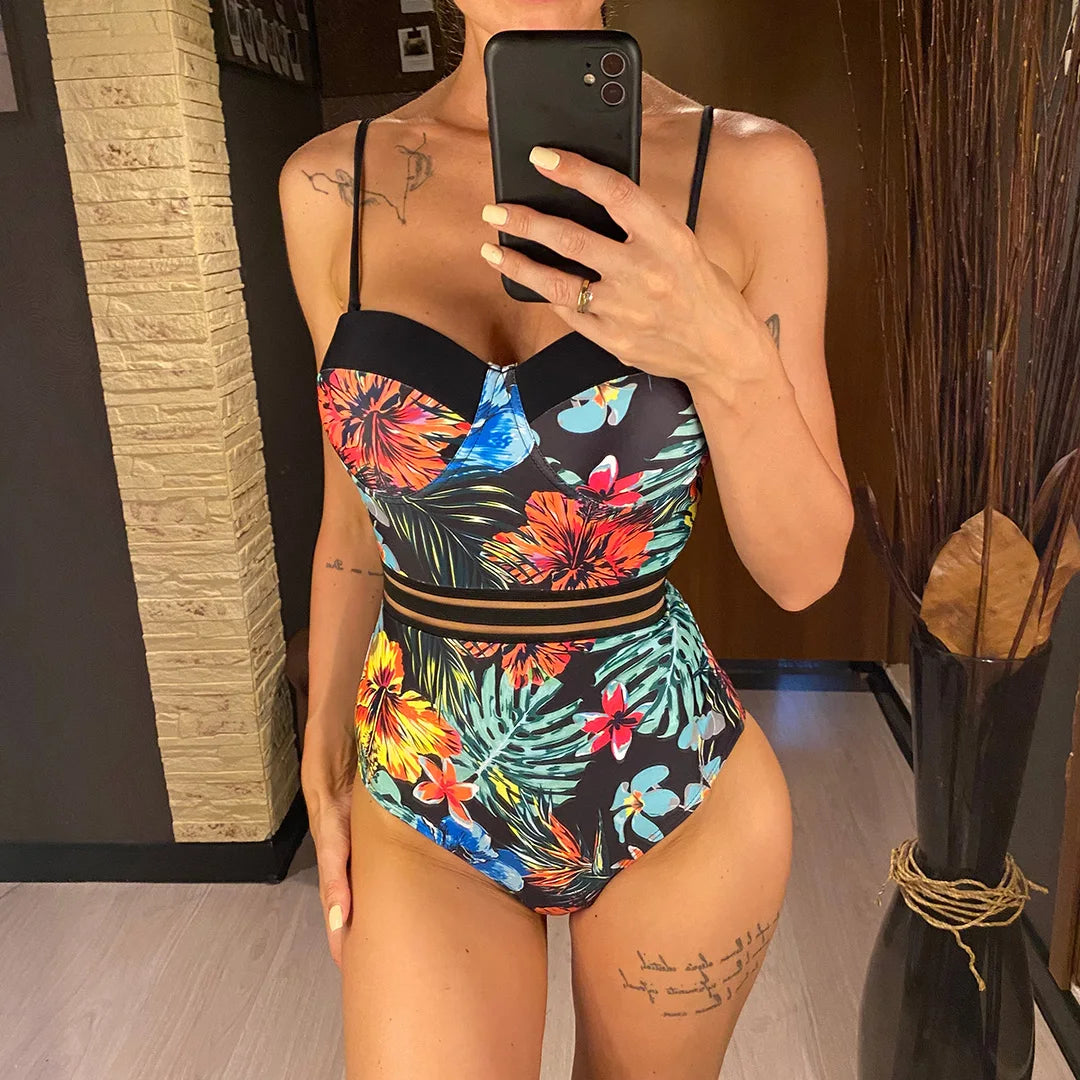 S - XL Leaves Printed Underwired With Bra Cup Women Swimwear One Piece Swimsuit Female Monokini Bather Bathing Suit Swim