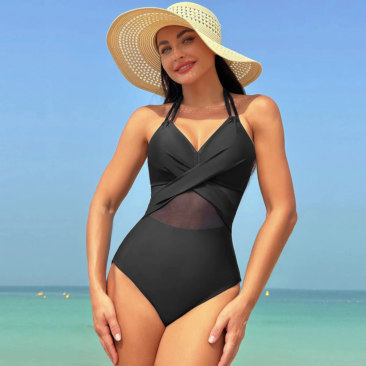 Pure Color Mesh Bikini Swimsuit One Piece Swimsuit Women's Summer