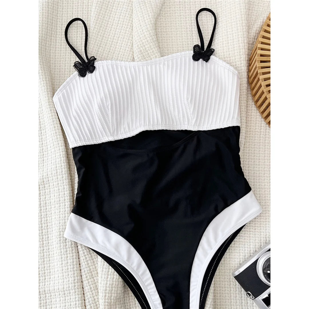 Splicing Cut Out Ribbed One Piece Swimsuit Women Swimwear Female High Leg Cut Padded Bather Bathing Suit Swim
