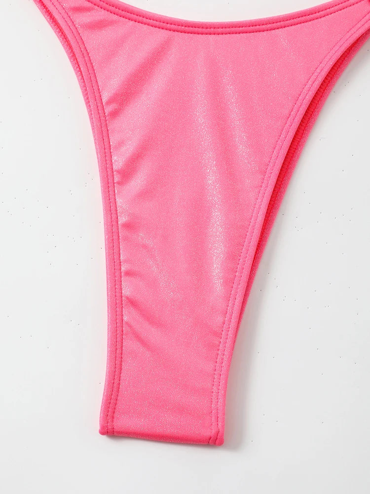 Solid Cross Halter Swimwear Women Hollow Push Up Bikini High Cut Thong Swimsuit Backless Beach Bathing Suit