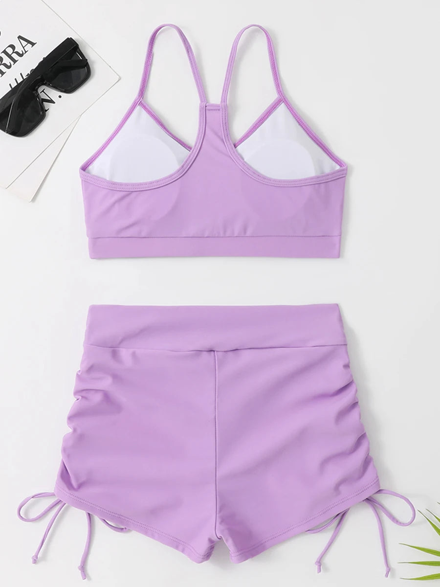 Drawstring Front Shorts Bikinis High Waist Swimsuit Women Swimwear Female Bathers Bathing Swimming Swim Suit Beachwear
