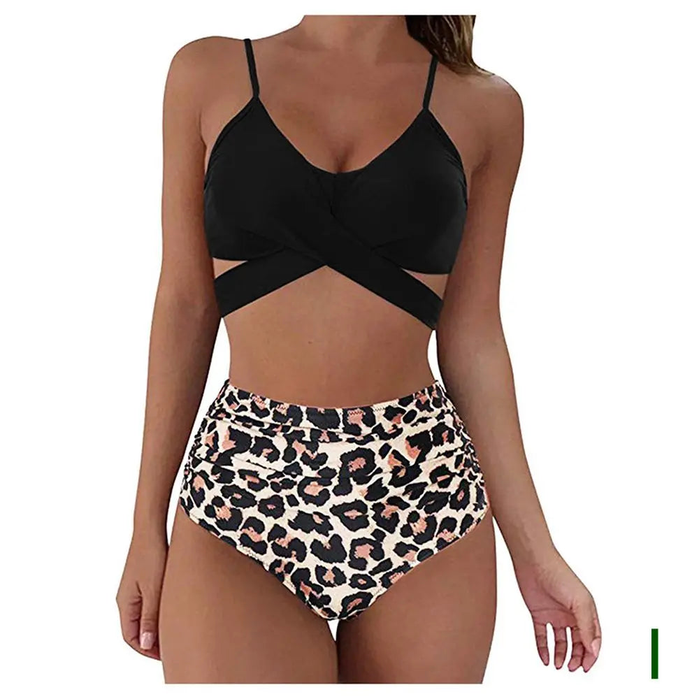 Bikini Two Piece Suit Cross Front Slim High Waisted Bottom Solid/Print Breathable Quick Drying Beachwear