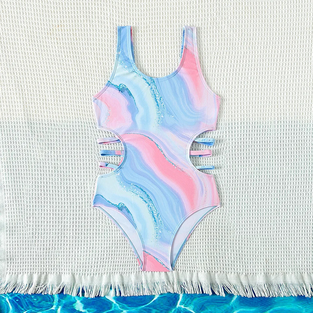 kids Tie-dye Print One-piece Swimsuit for Teen Girls Blue Swimwear Bathing Suits 5-15 Years