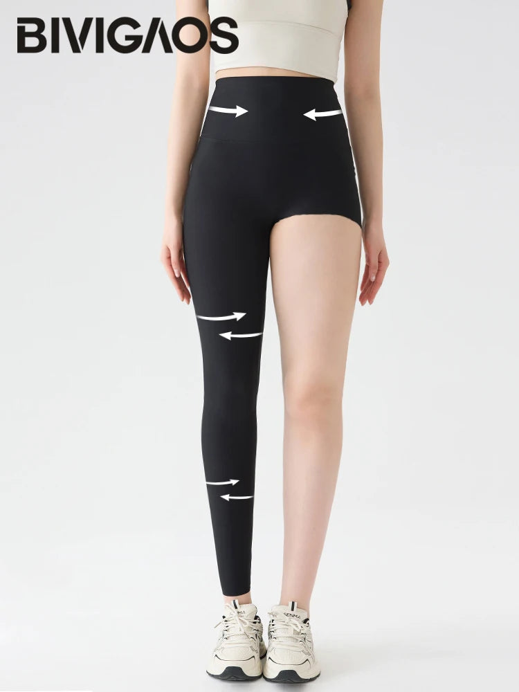 BIVIGAOS Spring Summer High Waist Thin Seamless Sharkskin Leggings Women Micro Pressure Breathable Tight Sport Yoga Legging