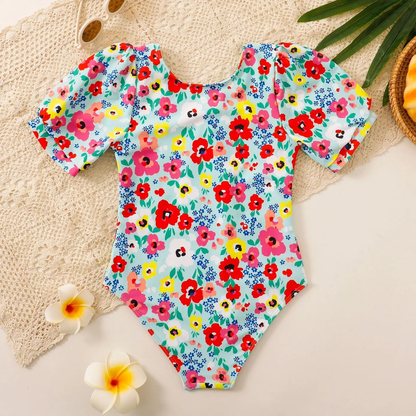 Retro Teenage Girls One Piece Swimsuit 7-12 Years Kids Swim Suit Short Sleeve Swimwear Beachwear Children's Bathing Suits Summer