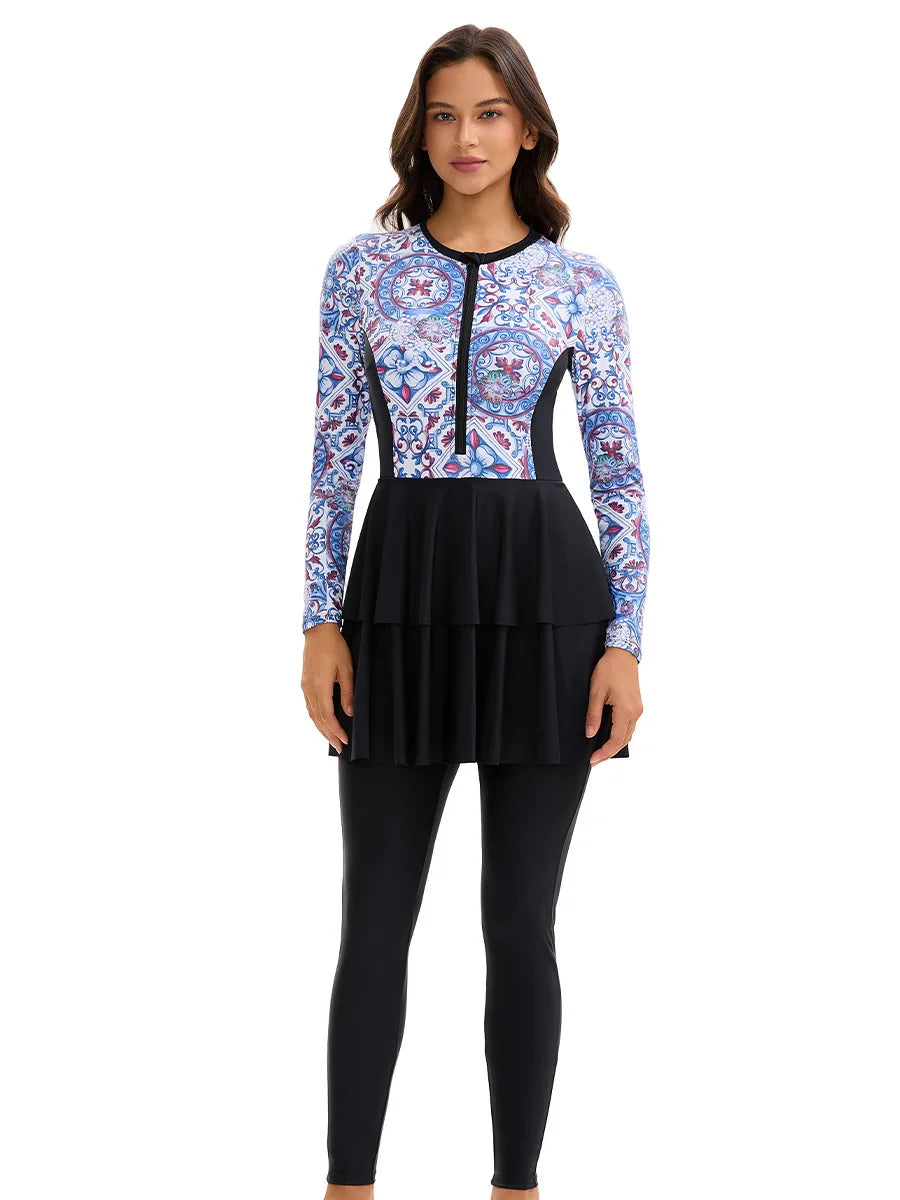 Women's Rash Guard One-Piece Full Coverage Swimwear - Integrated Long-Sleeve Vintage Pattern + Double Ruffled Skirt Style, Full Coverage