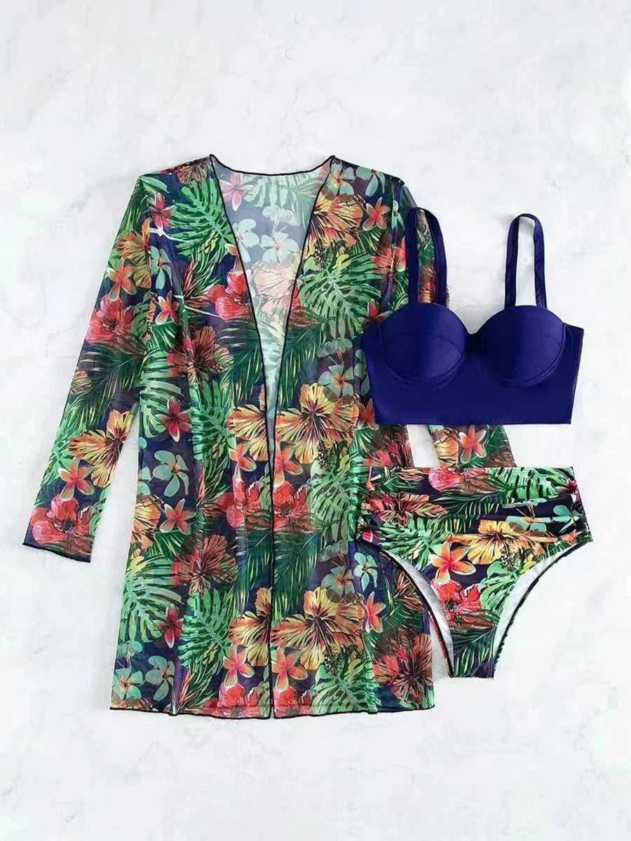 3 Piece Bikini Set Women Cover Up Swimwear Female Tropical Printed Swimsuit Push Up Beachwear Long Sleeve Bathing Suit