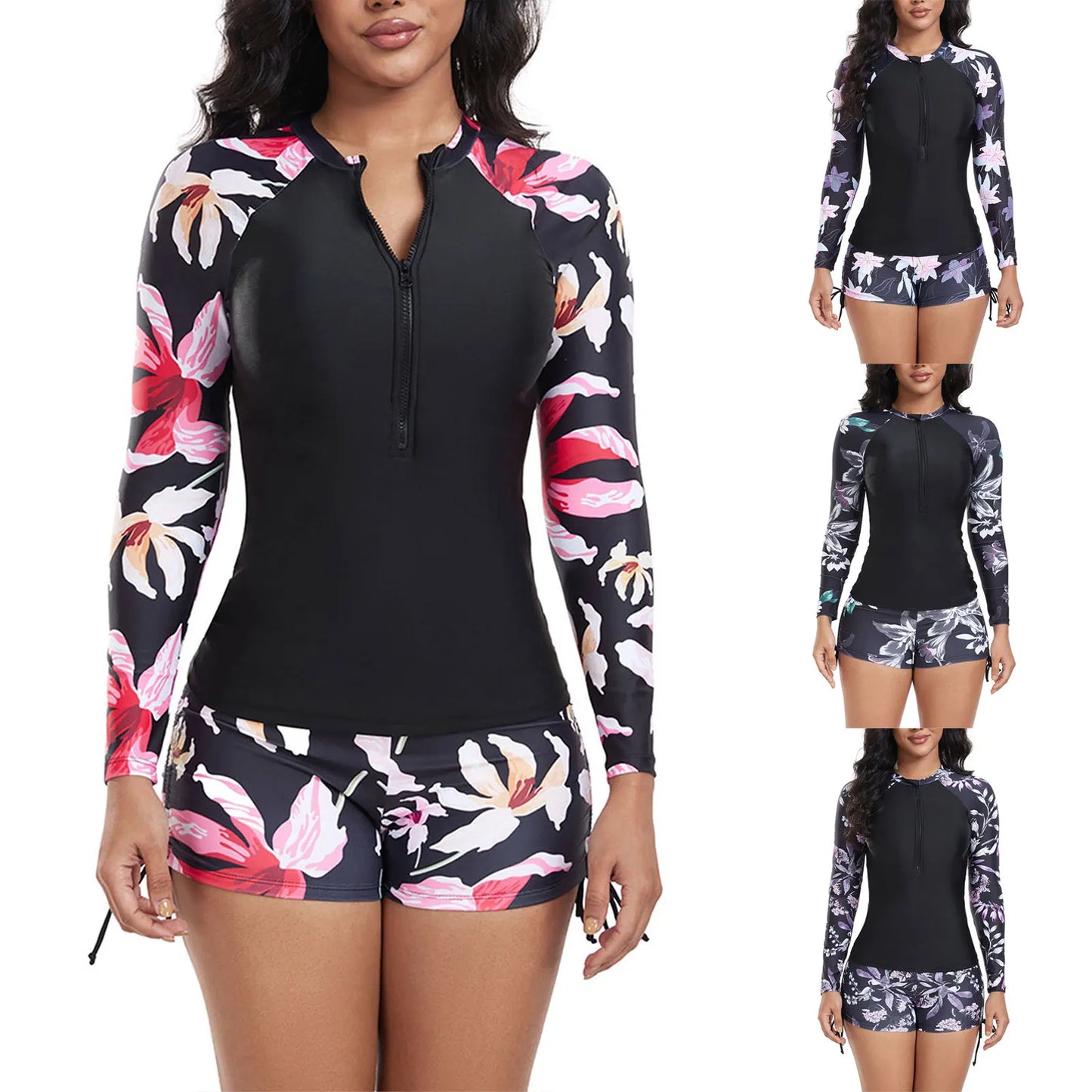 Womens Swim Sets Floral Print Rash Guard Swimsuit Long Sleeve Top and Side Drawstring Boyshort Shorts Beach Diving Bathing Suit