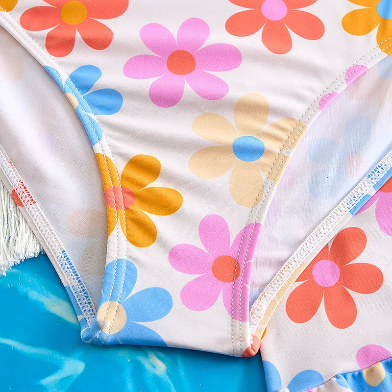 3 Pieces Floral Bikini Girls Swimsuit High Waist Kids Swimwear & Beach Skirt Pink Children Swimming Bathing Swim Suit