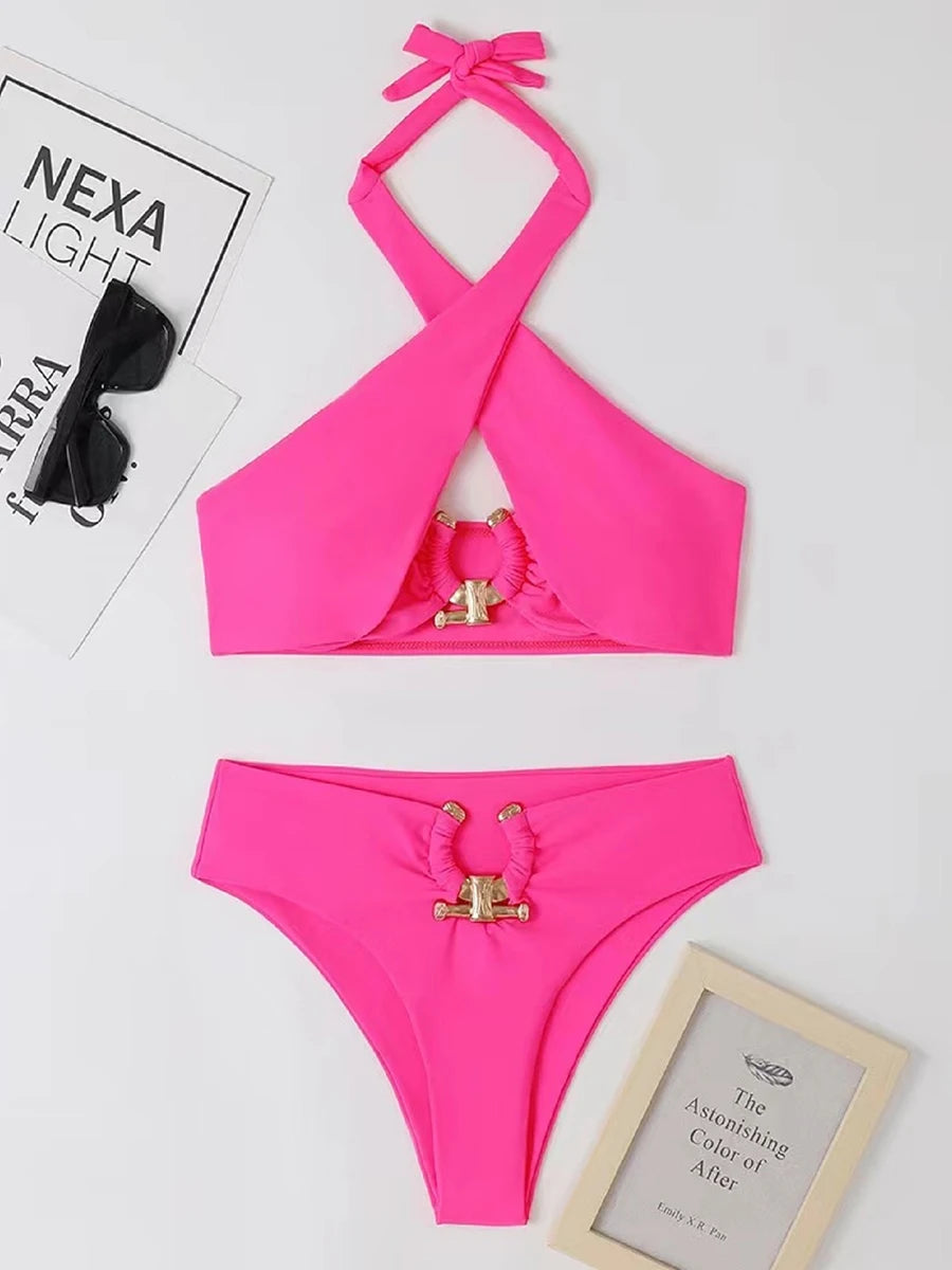 Halter Bikini Solid Metal Link Swimsuit Women Hollow Out Swimwear Female Bathers Bathing Swimming Swim Suit Beachwear