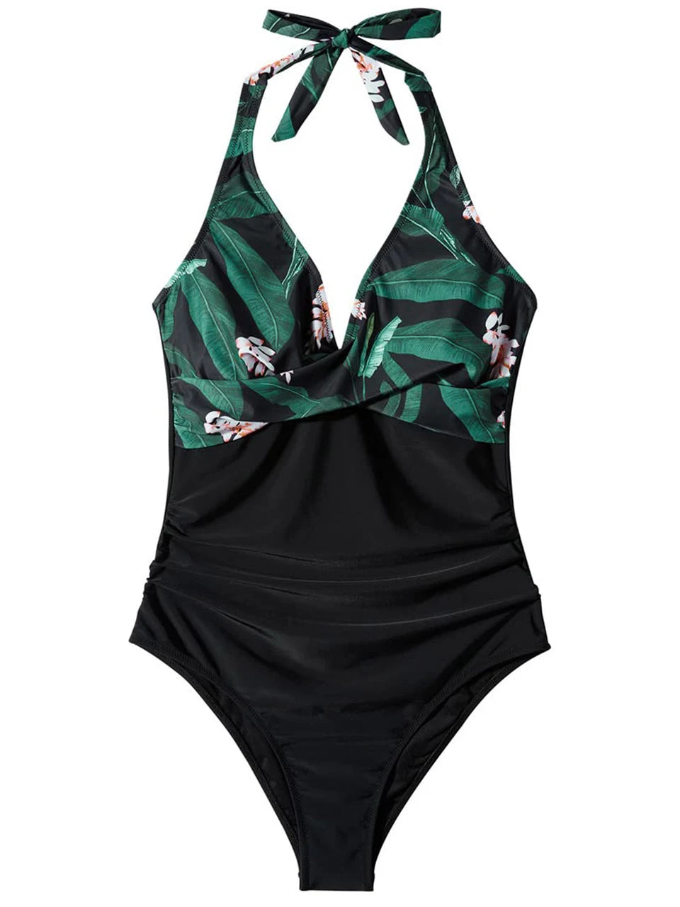 Halter Swimsuit Women One Piece Printed Cross Smocked Swimwear Female Bodysuit Bathing Swimming Suit Padded Beachwear