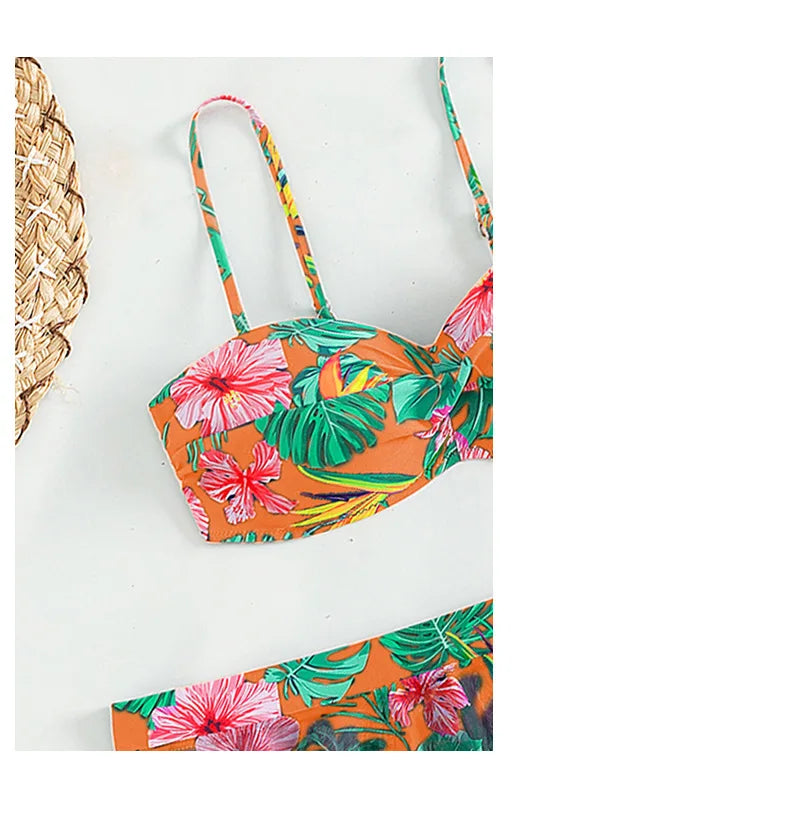 Cikini-Women's Tropical Print Push Up Bikinis Set, Swimsuit with Beach Skirt, Swimwear, Summer Bathing Suit