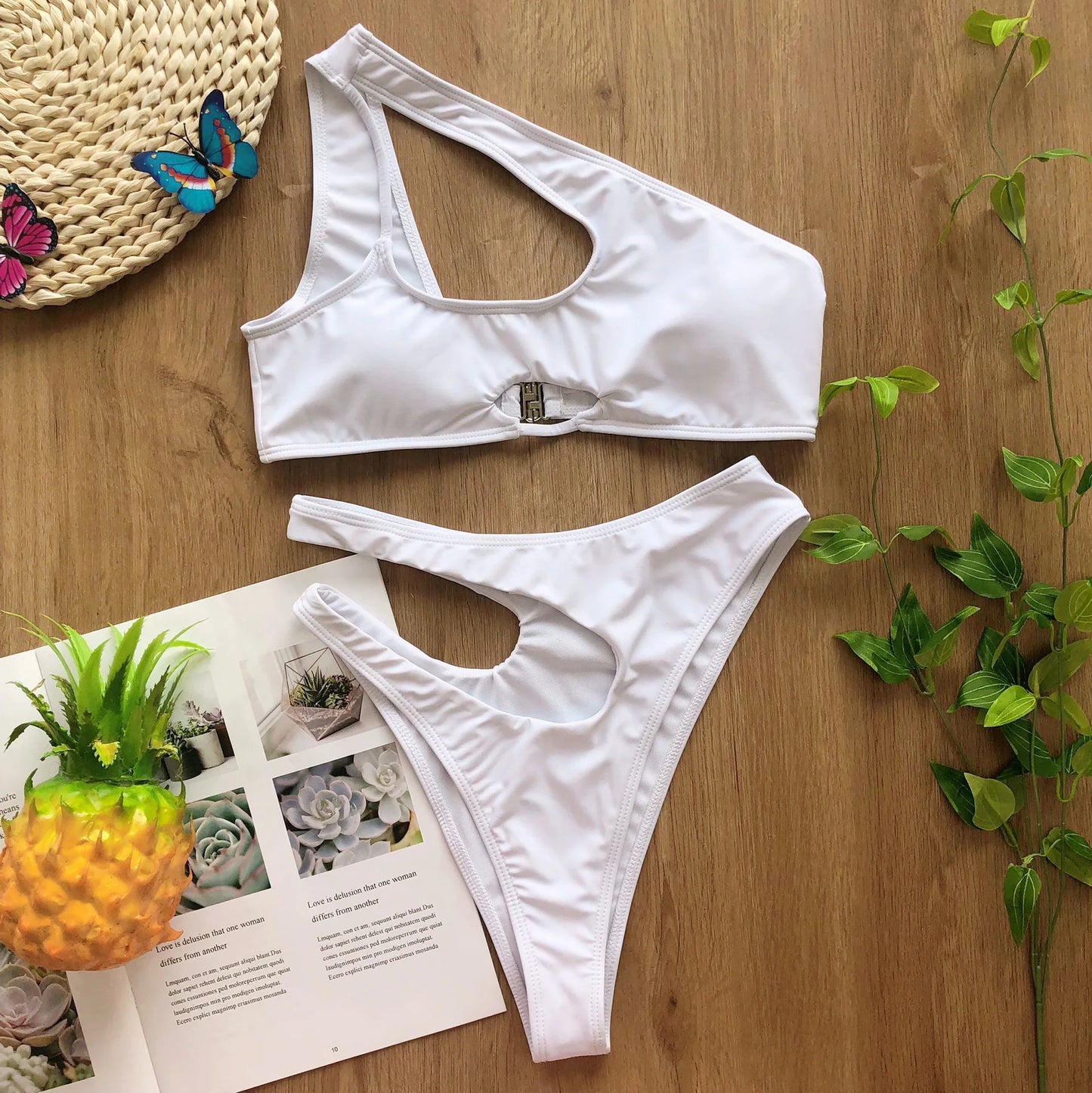 Solid color swimsuit irregular diagonal shoulder bikini Swimwear Beach Bathing Suits