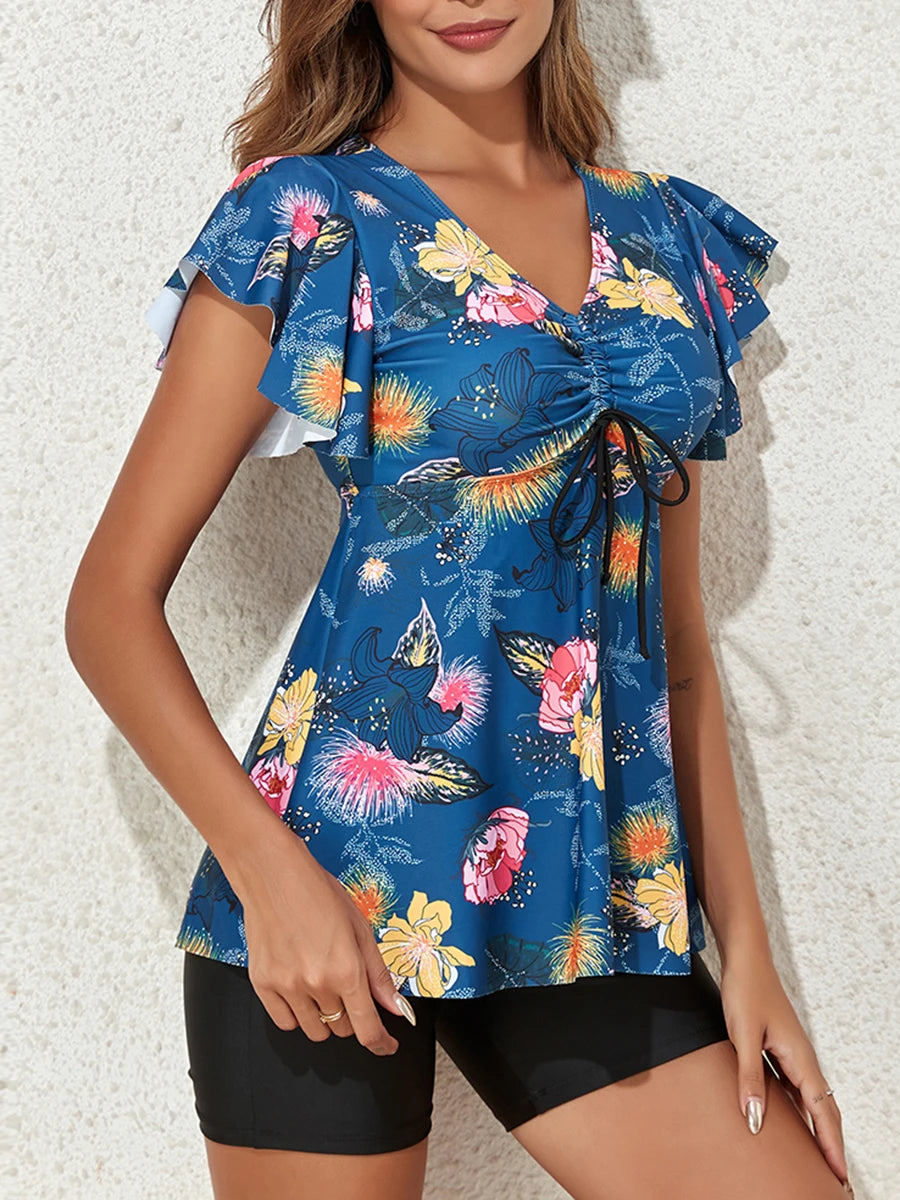 Floral Tankini Two Pieces Ruffle Swimsuit Women With Shorts High Waist Swimwear Female Bathing Suit Mayo Beach Bathers