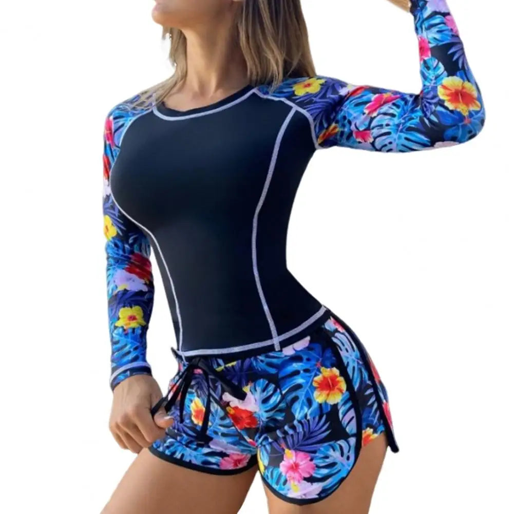 2 Pcs/Set Women Swimsuit Set Long Sleeves O Neck Floral Print Top Drawstring Elastic Waist Shorts Water Sports Top Shorts Set