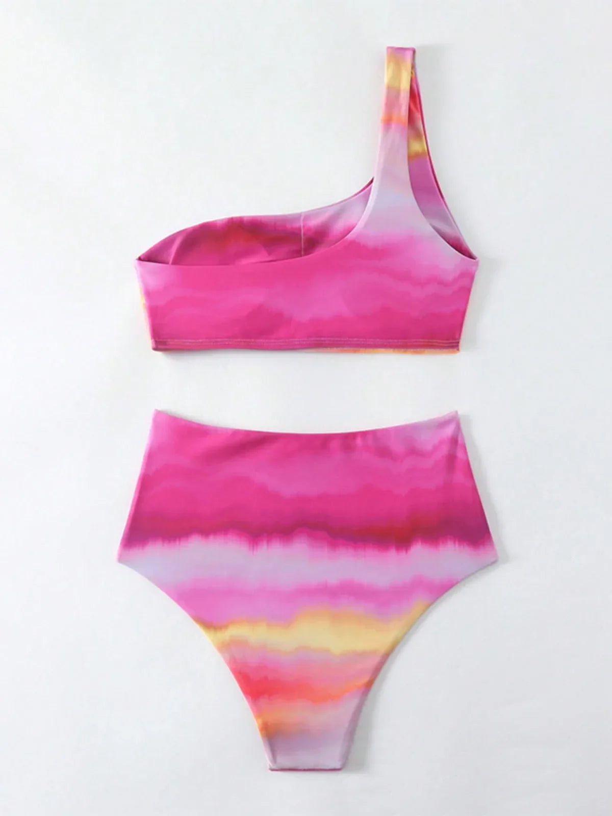 Rose Red Tie Dye Print Two Piece Swimsuit Single Shoulder Backless Bikini Set Beach Vacation High Waist Bathing Suit