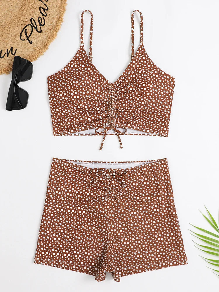 High Waist Bikini Swimsuit Women Floral Print Swim Suits Drawstring Front Shorts Boxers Swimwear Trunks Pool Bathing Suit