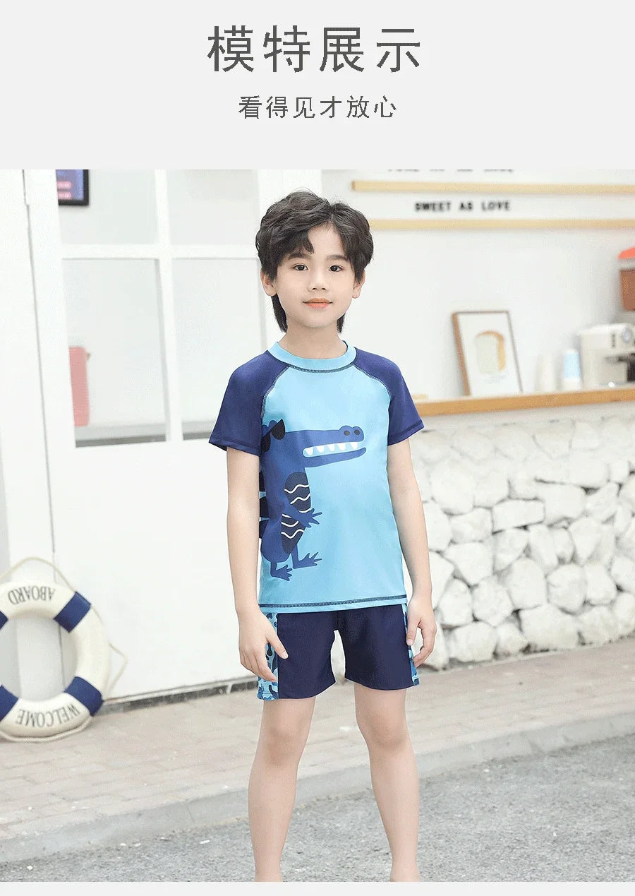 Children's Cartoon Shark Short Sleeve Split Swimwear with Swim Cap, Sun Protection Beach Wear, Baby Boys Swimsuit