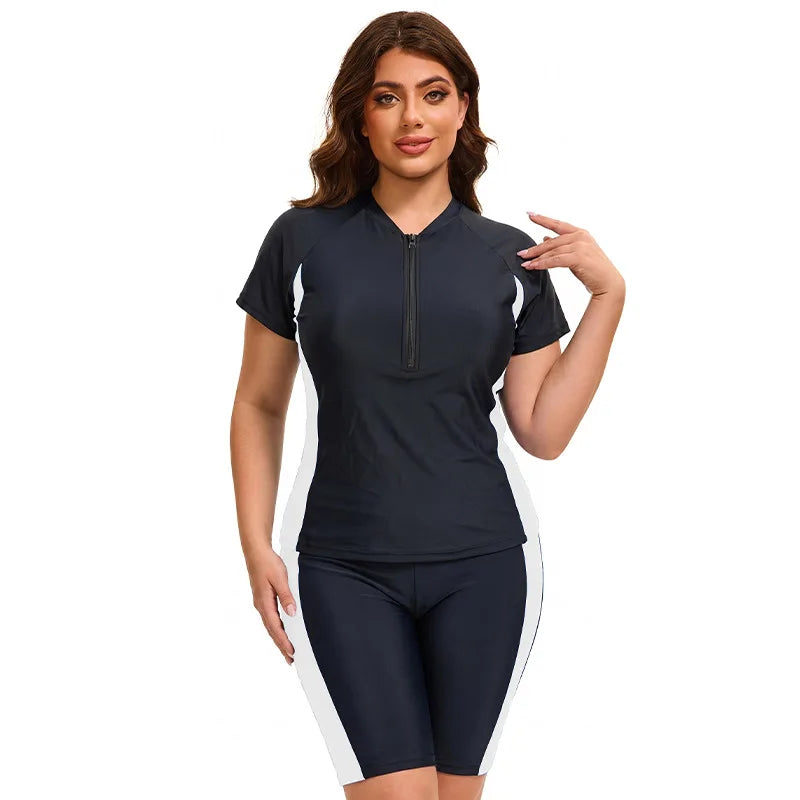 Plus Size Women Modest Swimwear Short Sleeve Swimsuit Rash Guard Tummy Control Two Piece Surf Suit Beachwear UPF 50 Bathing Suit