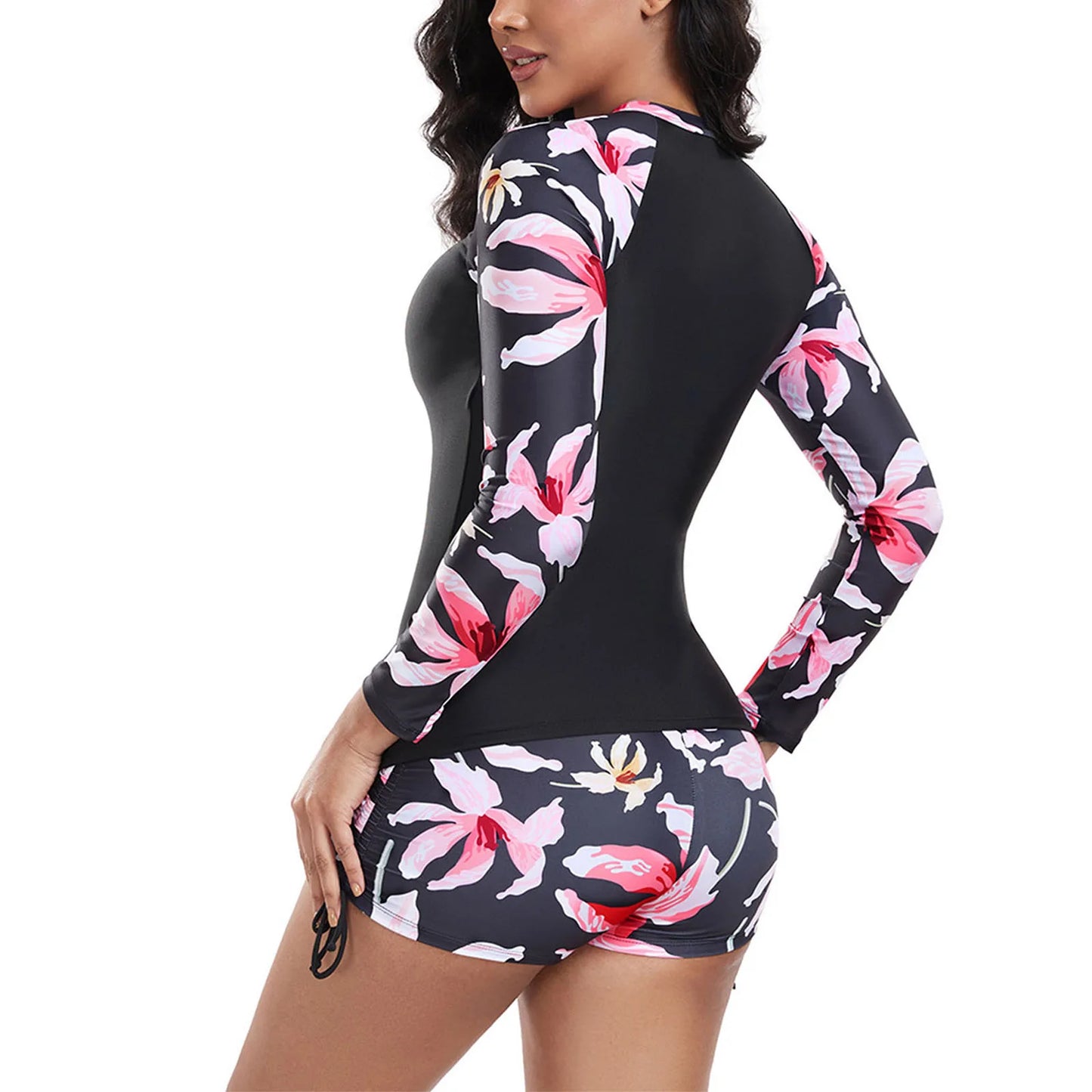Womens Swim Sets Floral Print Rash Guard Swimsuit Long Sleeve Top and Side Drawstring Boyshort Shorts Beach Diving Bathing Suit