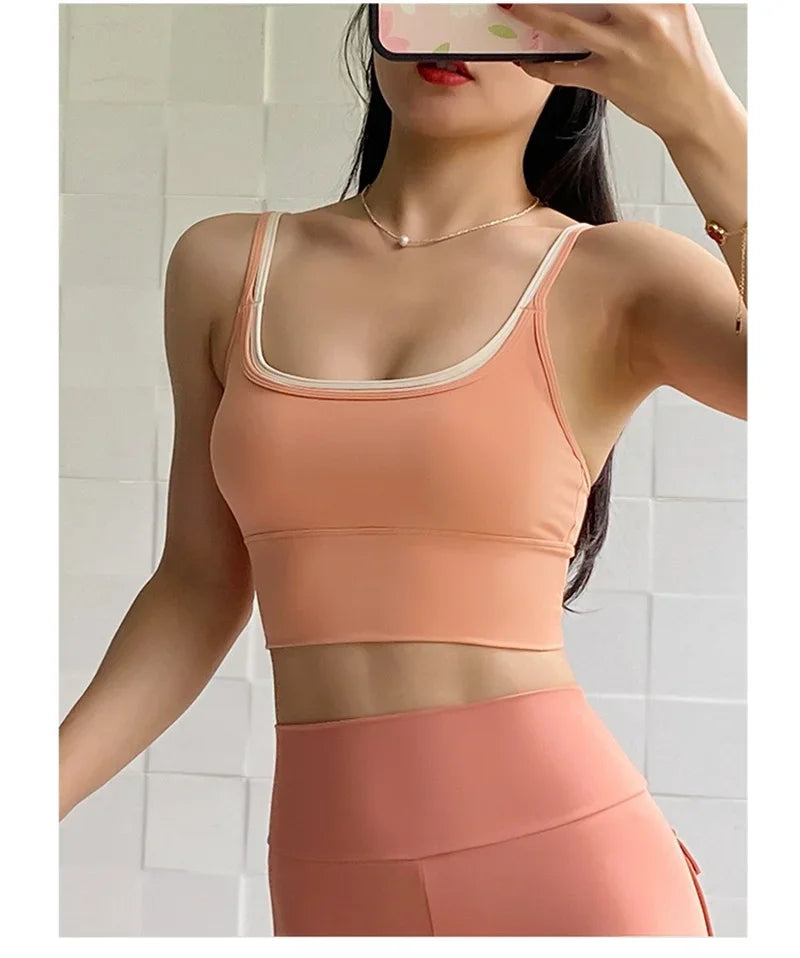 PofyBofy Womens Scoop Neck Longline Sports Bra - U Back Adjustable Straps Workout Crop Tank Top 2 in 1 Longline Workout Yoga Bra