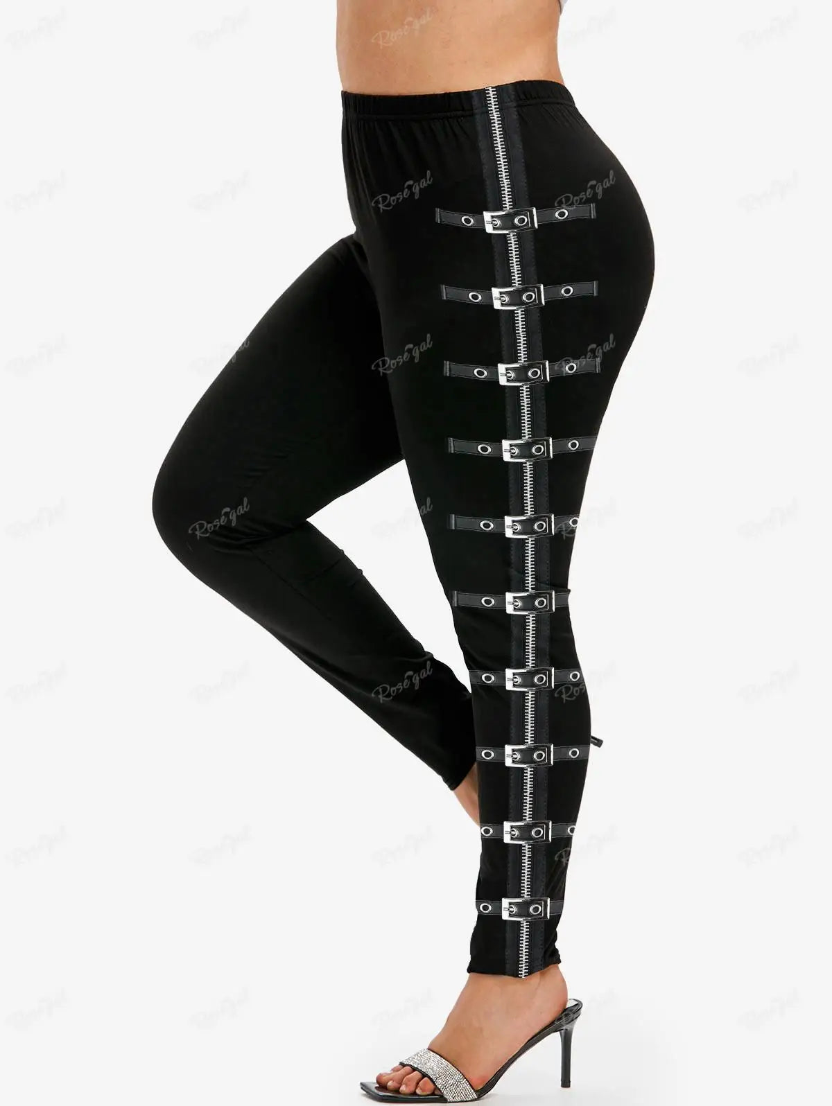 ROSEGAL 5XL Women's Plus Size Leggings Gothic 3D Zipper Buckles Printed Pencil Pants Oversized High Waist Skinny Trousers Mujer