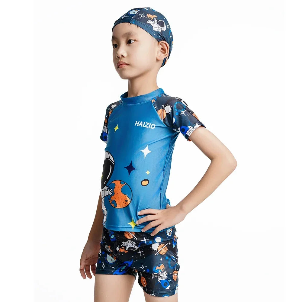 Children's Swimsuit Cartoon Pattern Children's Swimwear Boys Split Design Suitable Swimming Suit Beachwear with Hat